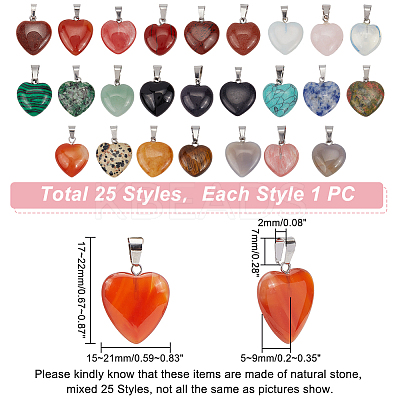 25Pcs Heart Natural & Synthetic Gemstone Pendants PH-G-G755-01-1