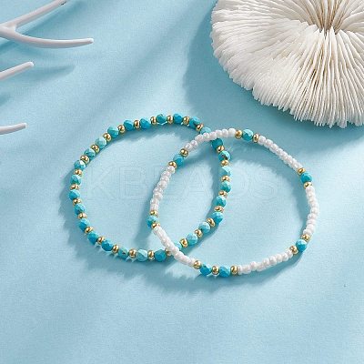 2Pcs 2 Style Natural Howlite & Glass Seed Round Beaded Stretch Bracelets Set for Women BJEW-JB09332-1