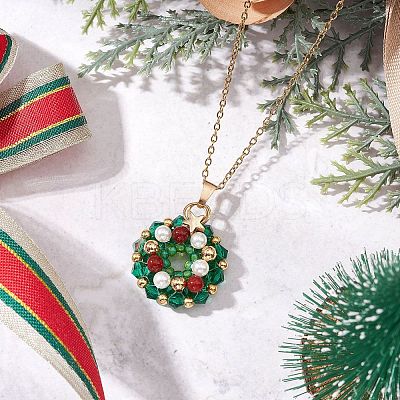 Natural Carnelian & Bicone Glass & Shell Pearl & Seed Beads Christmas Wreath Pendant 304 Stainless Steel Cable Chain Necklaces for Women NJEW-MZ00122-1
