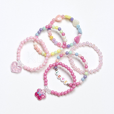 6Pcs Plastic Round Beaded Stretch Bracelet & Charm Bracelet Set for Kid FS-WG9931D-01-1