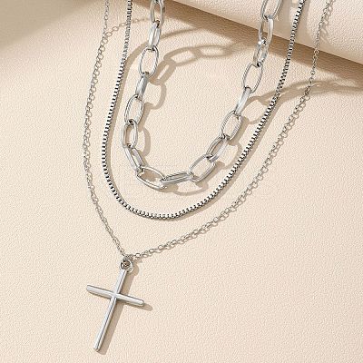 304 Stainless Steel Cross Pendant 3 Layer Necklaces for Women LS-NJEW-F343-02P-1