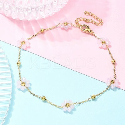 304 Stainless Steel & Synthetic Stone Daisy Flower Chain Anklets for Women AJEW-B031-01G-02-1