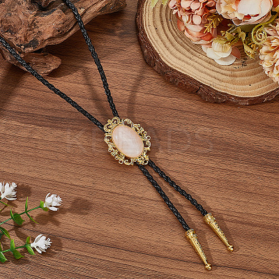 Natural Rose Quartz  with PU Leather Lariat Necklace NJEW-WH20010-02D-1