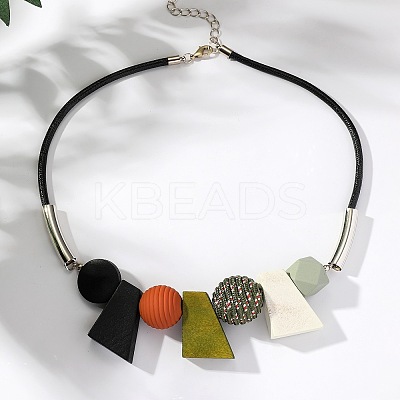 Bohemian Style Trapezoid & Round Wood Beaded Pendant Black Waxed Cord Bib Necklaces for Women FS-WG1625A-02-1
