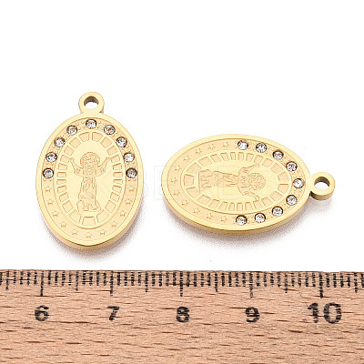Religion 304 Stainless Steel & Rhinestone Oval Pendants STAS-T073-09G-1