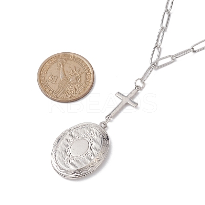 Brass Cross & Oval Locket Pendant Necklaces NJEW-JN04960-1