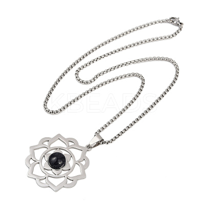 Chakra Lotus Flower 201 Stainless Steel Pave Synthetic Blue Goldstone Pendant Necklaces for Women LS-NJEW-K283-26P-1