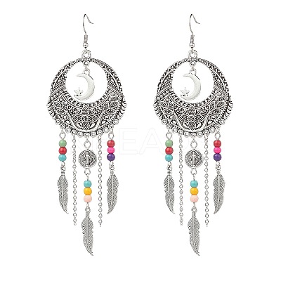 Alloy Moon Web with Feather Chandelier Earrings EJEW-JE05120-1