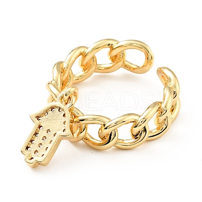 Cubic Zirconia Hamsa Hand with Evil Eye Open Cuff Ring with Enamel KK-D080-05G-1