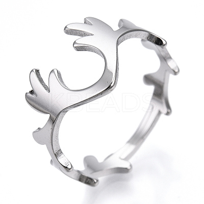 Non-Tarnish 304 Stainless Steel Deer Antler Adjustable Ring for Women RJEW-T027-06P-1
