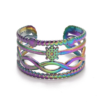 Rainbow Color Ion Plating(IP) 304 Stainless Steel Snowflake Open Cuff Ring for Women RJEW-A005-22MC-1