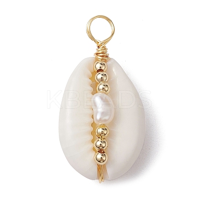 Natural Cowrie Shell Copper Wire Wrapped Pendants PALLOY-JF02277-02-1