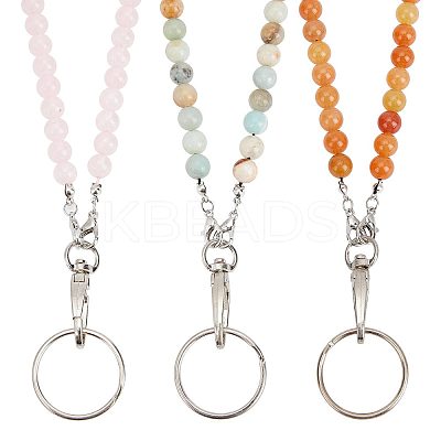 3Pcs 3 Style Natural Rose Quartz/Flower Amazonite/Red Aventurine & Wood Beaded Name Card Holder HJEW-SC0001-27-1