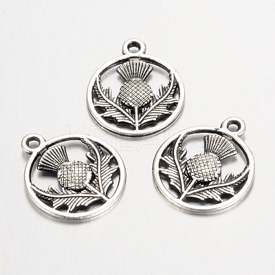 Tibetan Style Alloy Flat Round with Flower Scotland Thistle Pendants LS-TIBEP-24054-AS-FF-1