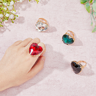 4Pcs 4 Colors Glass Heart Adjustable Rings Set RJEW-FI0001-11-1