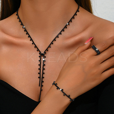 Alloy Rhinestone Tassel Pendant Necklace & Stud Earring & Ring FS-WG7E587-01-1