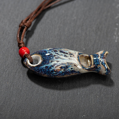 Fish Porcelain Whistle Pendant Necklaces with Adjustable Wax Cord FS-WG46CDC-08-1