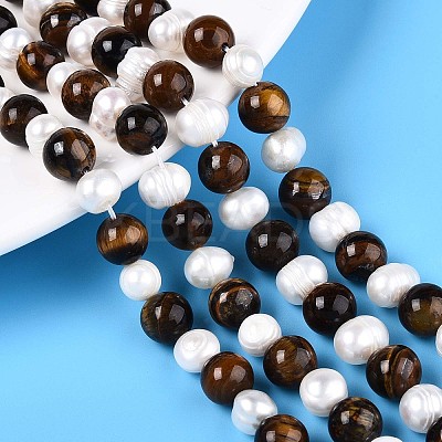 Natural Tiger Eye Round & Natural Cultured Freshwater Pearl Grooved Potato Beads Strands PEAR-N019-10-1