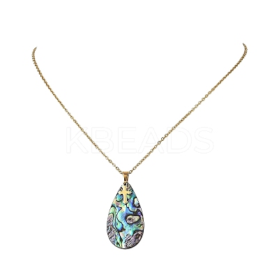Natural Paua Shell Teardrop Pendant 304 Stainless Steel Cable Chain Necklaces NJEW-JN06362-1