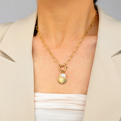 304 Stainless Steel Shell & Imitation Pearl Pendant Necklaces LS-HT9511-3-1