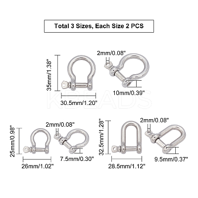 6Pcs 3 Style 304 Stainless Steel D-Ring Anchor Shackle Clasps STAS-UN0025-12-1