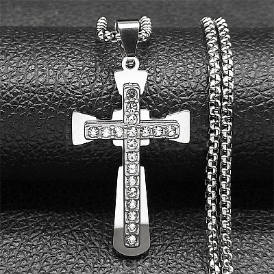 201 Stainless Steel Crystal Rhinestone Religion Cross Pendant Necklaces LS-NJEW-H065-08P-1