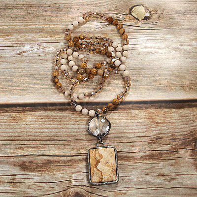 Rectangle & Flat Round Bohemian Style Natural Picture Jasper with Glass Pendant Necklaces FS-WGEA5B3-01-1