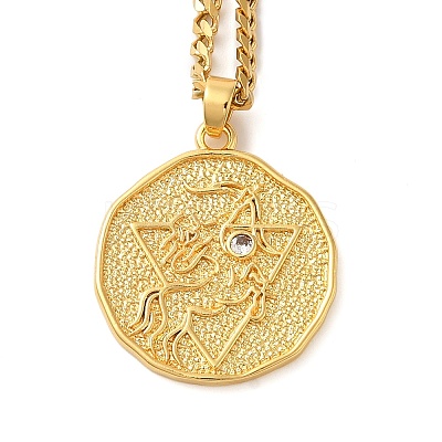 Brass Clear Cubic Zirconia Curb Chain Constellation Pendant Medal Necklaces for Women LS-NJEW-U010-01G-06-1