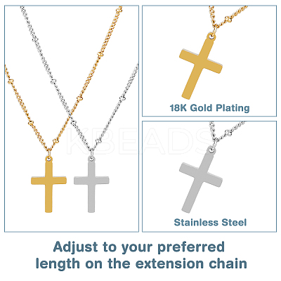 2Pcs 2 Colors 304 Stainless Steel Cross Pendant Necklace with Satellite Chains NJEW-FI0001-48-1