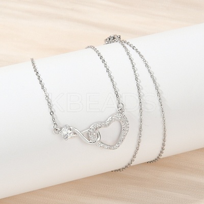 Brass Pave Clear Cubic Zirconia Infinity Heart Pendant Nceklaces for Women NJEW-V011-01P-1