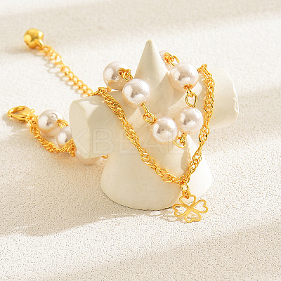 Elegant Brass & Imitation Pearl Double Layer Clover Pendant Anklets for Women's Fashion Style KI5971-1
