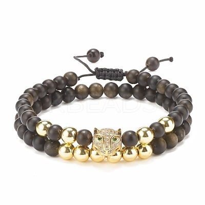 2Pcs 2 Style Natural Obsidian & Synthetic Hematite Braided Bead Bracelets Set with Cubic Zirconia Leopard BJEW-JB08119-01-1