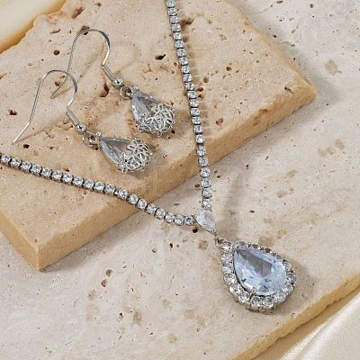 Brass Rhinestone Teardrop Dangle Earrings & Pendant Necklaces Sets for Women AT5117-1-1
