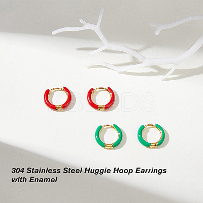 2 Pairs 2 Colors Two Tone 304 Stainless Steel Chunky Huggie Hoop Earrings with Enamel for Women EJEW-DC0001-38C-1
