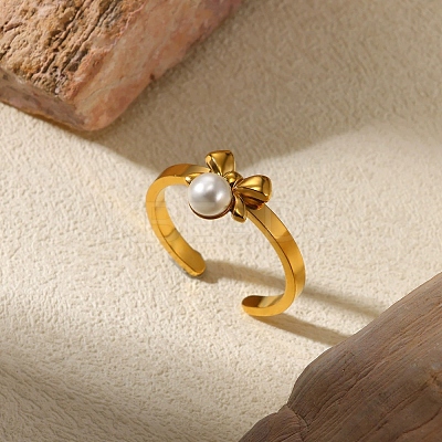 304 Stainless Steel Plastic Pearl Open Cuff Ring for Women LS-RJEW-Z088-05G-1