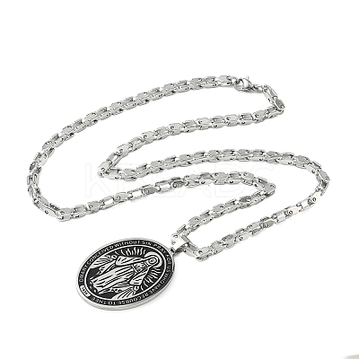 Religion 201 Stainless Steel Enamel Black Oval with Virgin Mary Pendant Necklaces NJEW-C104-02B-1