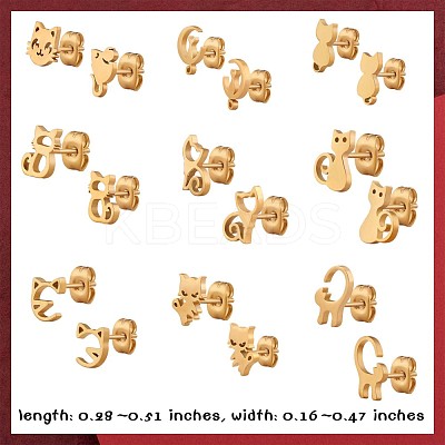 9 Pairs 9 Style 316 Surgical Stainless Steel Cute Kitten Stud Earrings for Women JE933A-1