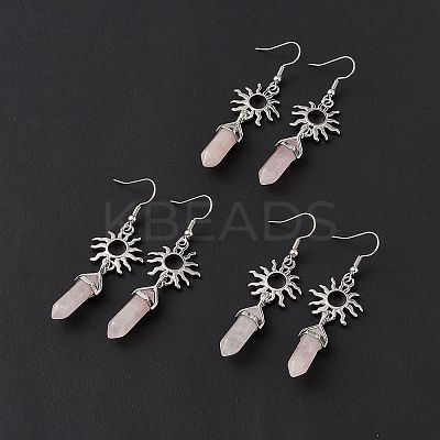 Natural Rose Quartz Bullet with Sun Dangle Earrings EJEW-I276-01P-19-1