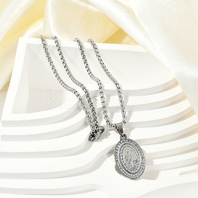 201 Stainless Steel Micro Pave Clear Cubic Zirconia Oval Pendant Box Chain Necklaces for Men NJEW-S387-02P-1