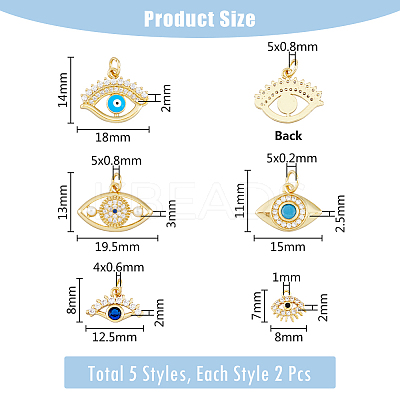 10Pcs 5 Style Eye Brass Micro Pave Cubic Zirconia Charms KK-DC0003-49-1