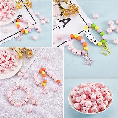 20Pcs Pink Cube Letter Silicone Beads 12x12x12mm Square Dice Alphabet Beads with 2mm Hole Spacer Loose Letter Beads for Bracelet Necklace Jewelry Making JX435R-1