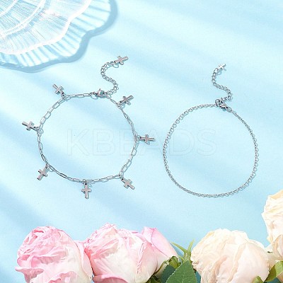 2Pcs 2 Styles 304 Stainless Steel Cable Chain Paperclip Chain Charm Double Layer Anklets for Women AJEW-AN00740-03-1