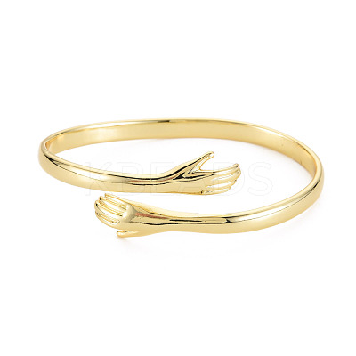 Brass Double Hands Hug Open Cuff Bangle for Women BJEW-S141-018-1