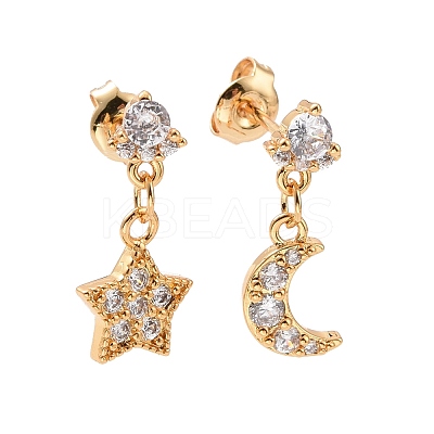 Clear Cubic Zirconia Moon & Star Dangle Stud Earrings EJEW-C030-10G-1