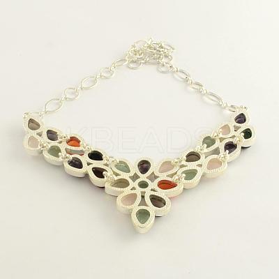 Gemstone Bib Statement Necklaces with Alloy Cabochon Settings and Silver Color Plated Brass Chains  NJEW-R224-07B-B-1