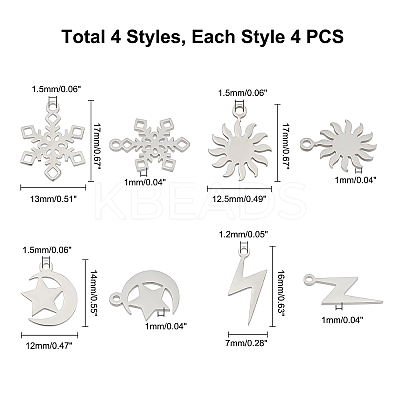 16Pcs 4 Style 201 Stainless Steel Pendants STAS-DC0001-69-1