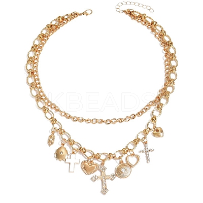 Alloy Crystal Rhinestone and Enamel Cross Heart Multi-Charm Double Layer Necklaces for Women WGEBEB6-01-1