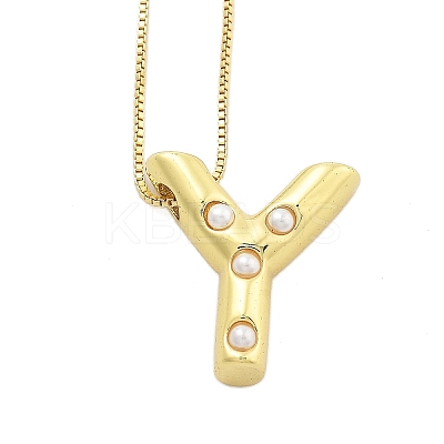 Brass & Plastic Pearl Letter Pendant Box Chain Necklaces for Women NJEW-U017-01G-25-1