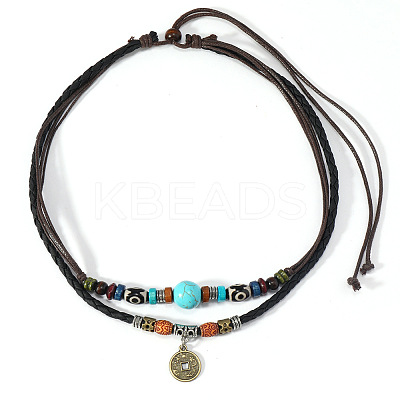 Adjustable Coin Alloy & Synthetic Turquoise & Wood Beaded Pendant Necklaces FS-WG4430E-01-1