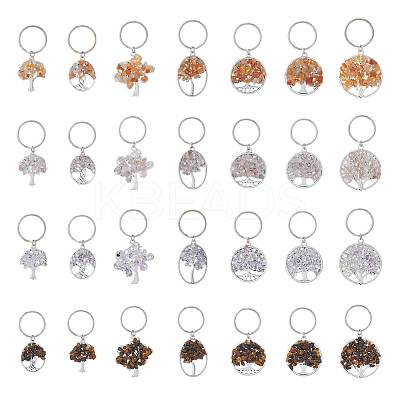 4 Sets 4 Styles Natural Gemstone Chip & Alloy Tree of Life Pendant Keychain KEYC-FH0001-45B-1